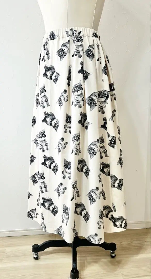 Cat pattern natural x grey tucked maxi length long skirt L cat cat