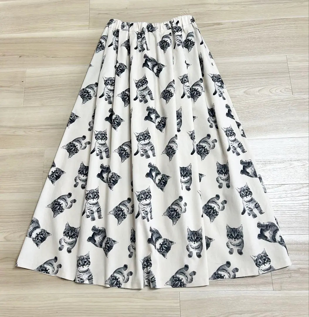 Cat pattern natural x grey tucked maxi length long skirt L cat cat