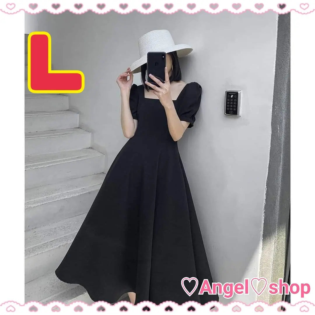 Puff sleeve dress black L flared skirt adult cute