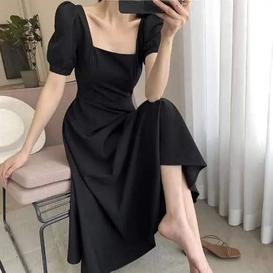 Puff sleeve dress black L flared skirt adult cute