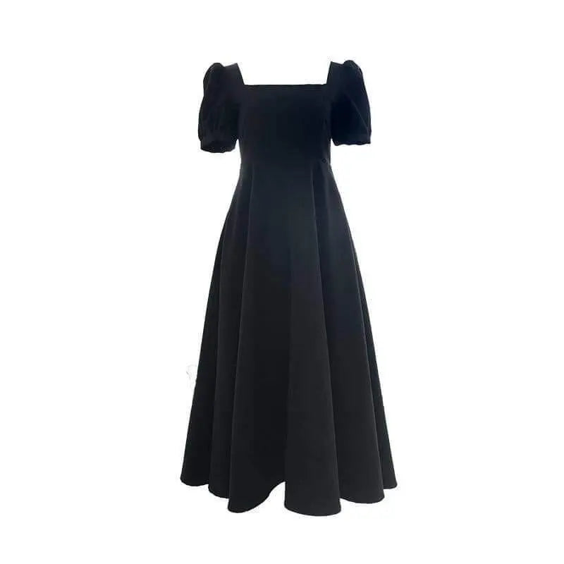 Puff sleeve dress black L flared skirt adult cute