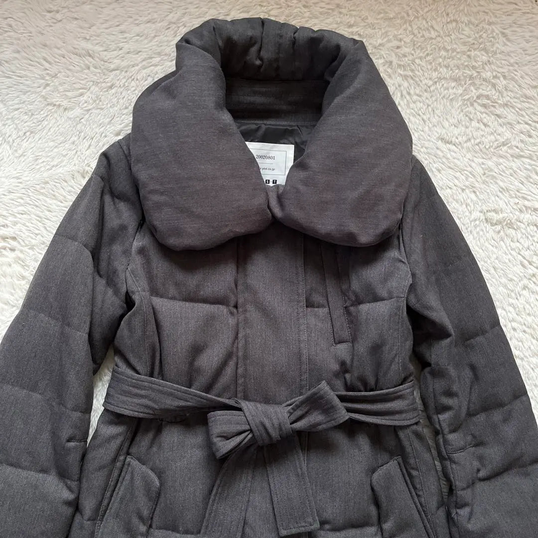 [Plaste] Down coat, shawl collar, ribbon belt, long, gray 2