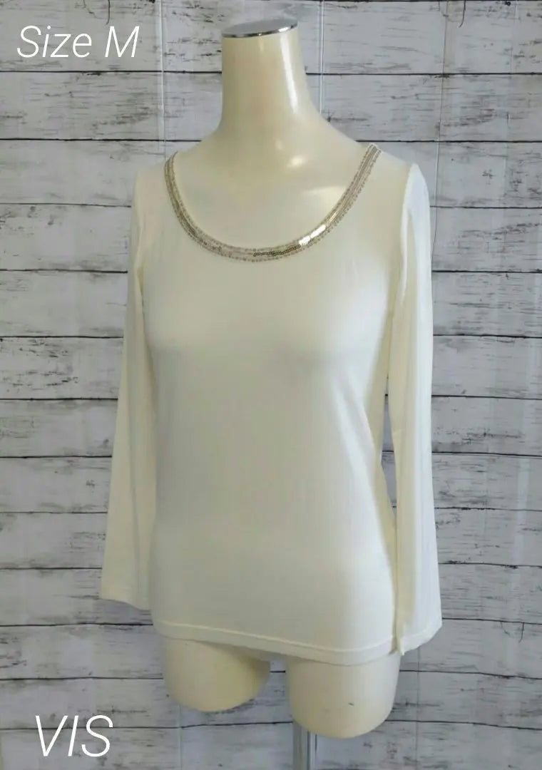 ♡VIS Collar Bead Decoration Long Sleeve Cut and Sew Cream