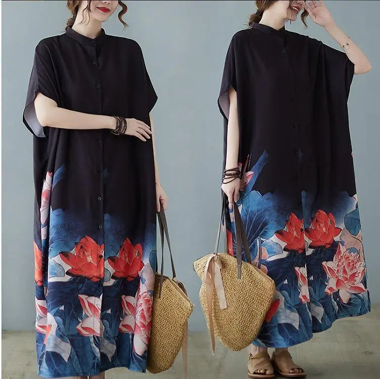 Large size for women, spring, summer, floral dress, long, new, short sleeves, autumn