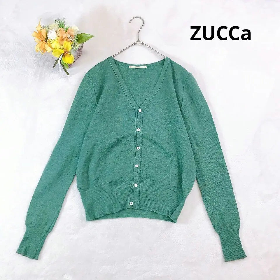 [Zucca] V-neck thin cardigan with front opening, green, long sleeves