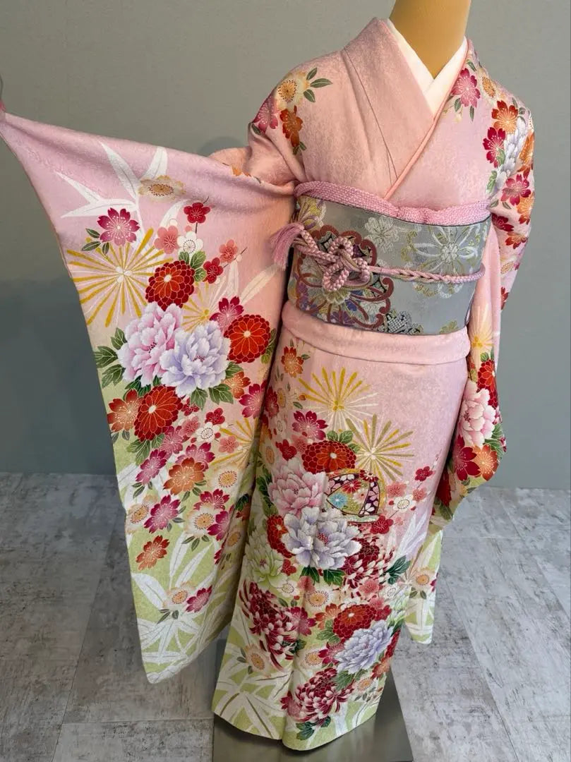 Muy popular, rosa opaco, lindo, furisode, conjunto completo, seda pura