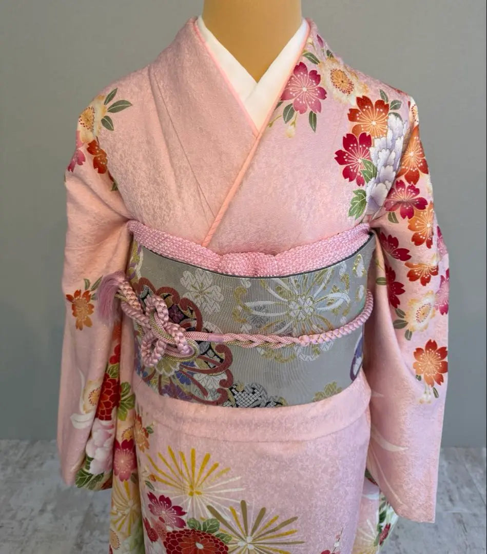 Very popular, dull pink, cute, furisode, full set, pure silk