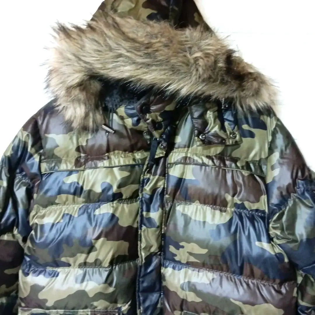 Heisei Retro UNIQLO Furfed Camo Frus -Chaqueta de plumón XL estampado de camuflaje | Bolsa UNIQLO ファーフード付きカモフラダウンジャケット XL