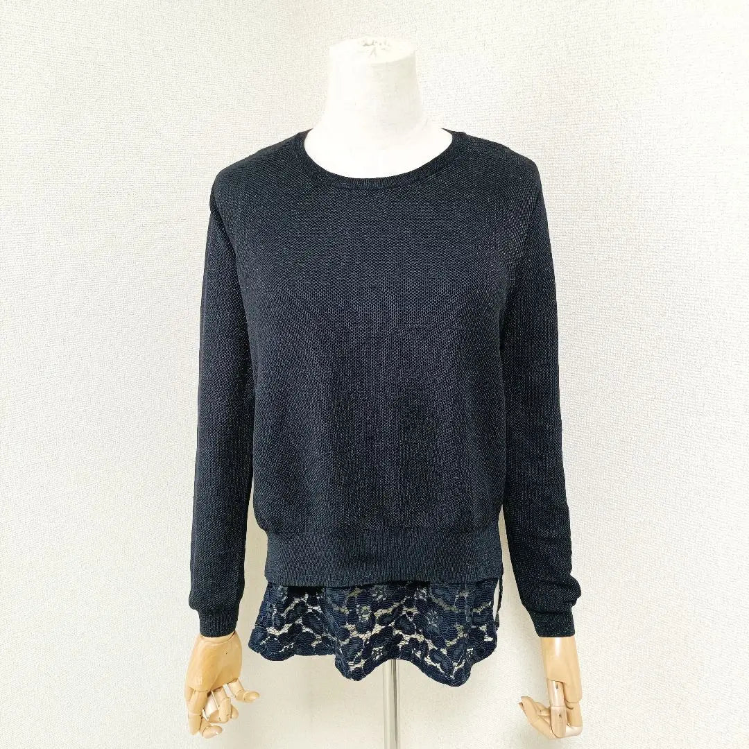 Jiyu Ward, Beautiful Crew Neck Long Sleeve Knit, Floral Lace, Navy Blue, Onward Kashiyama 38