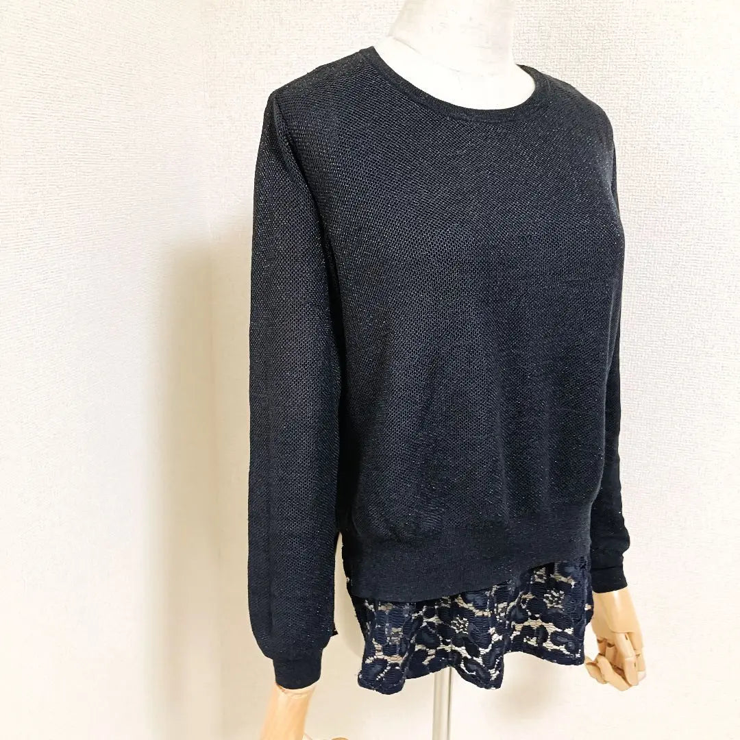 Jiyu Ward, Beautiful Crew Neck Long Sleeve Knit, Floral Lace, Navy Blue, Onward Kashiyama 38