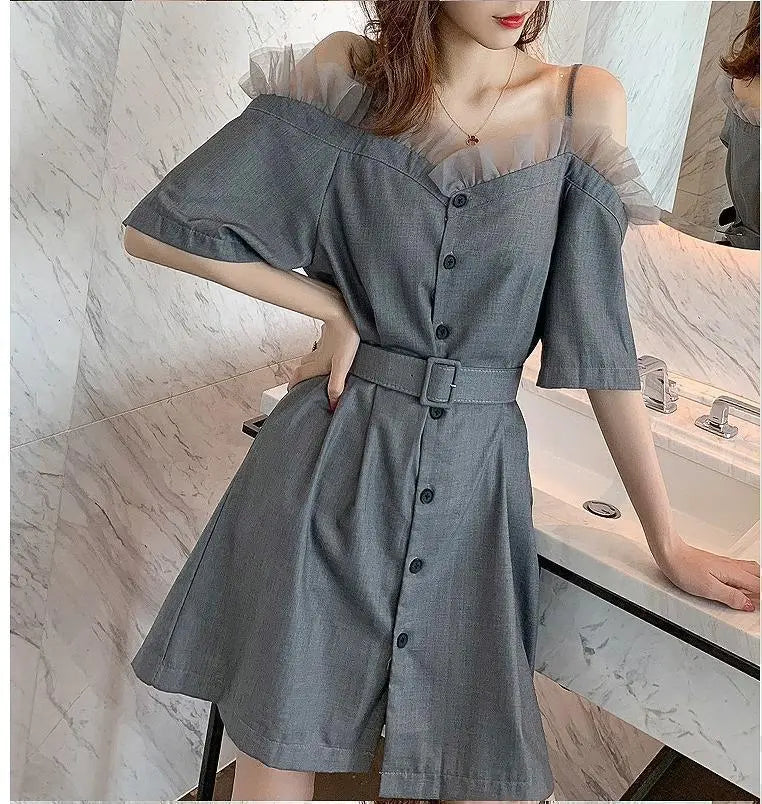 Large size women's belt-equipped off-shoulder dress