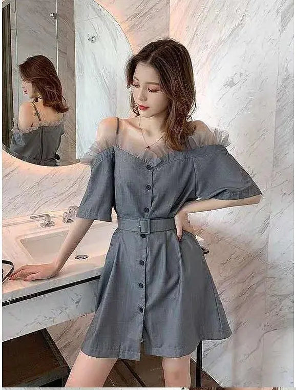 Large size women's belt-equipped off-shoulder dress