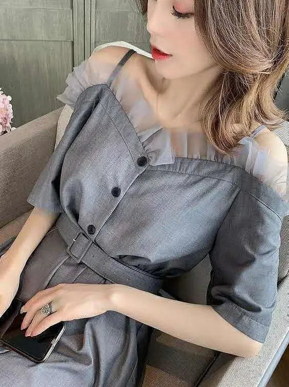 Large size women's belt-equipped off-shoulder dress