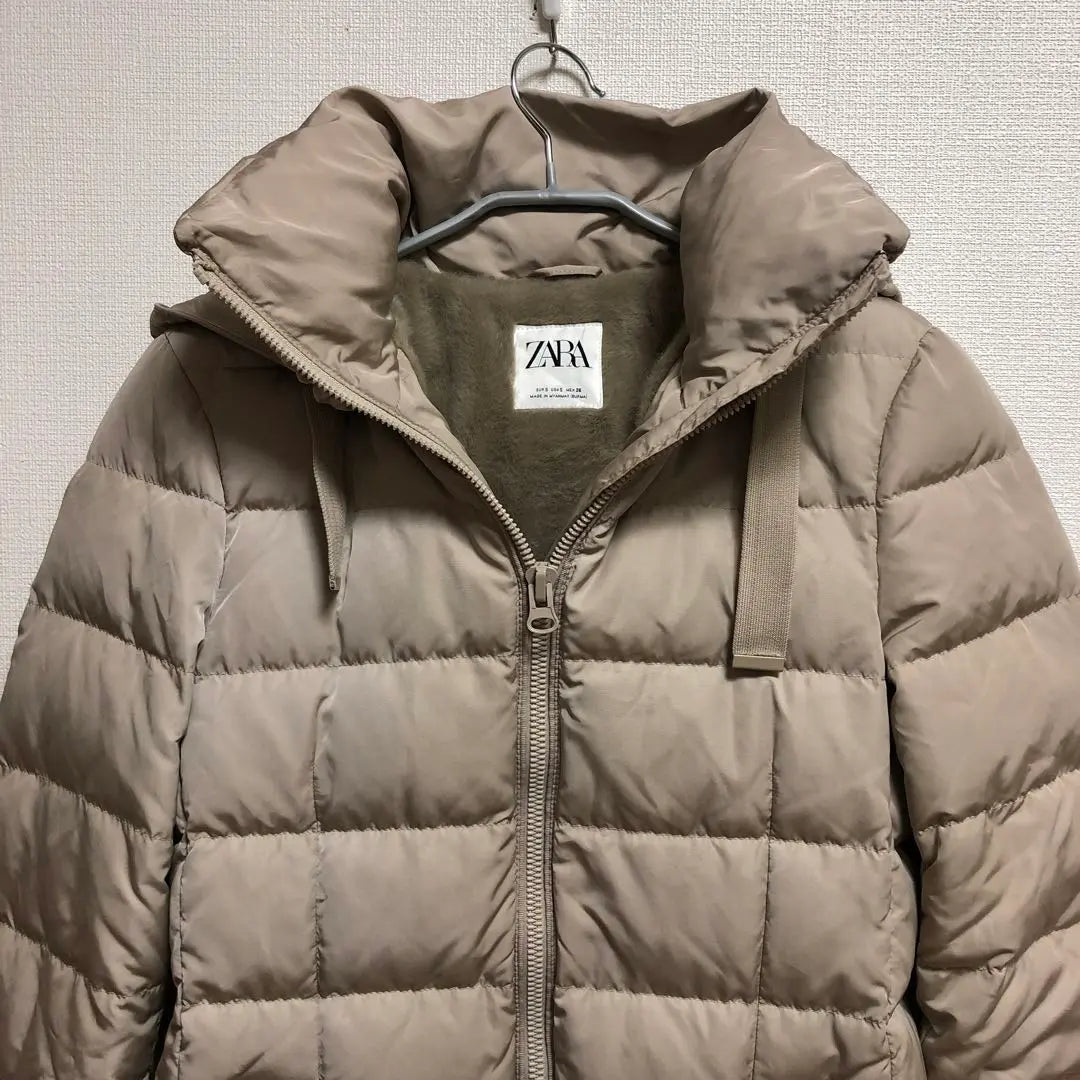 ZARA long sleeve down jacket double zip hood beige