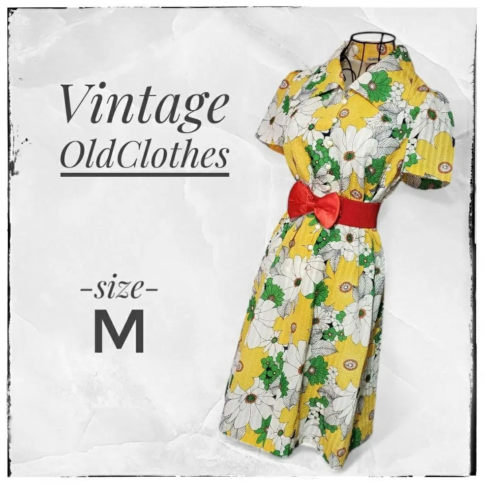 70s vintage second-hand clothing store purchase ☆ Large floral yellow short sleeve knee length dress