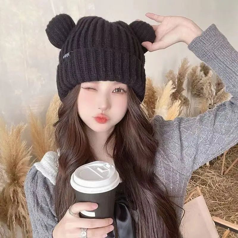 Bear ears for women, small face effect, winter hat [rare] black knit casual autumn