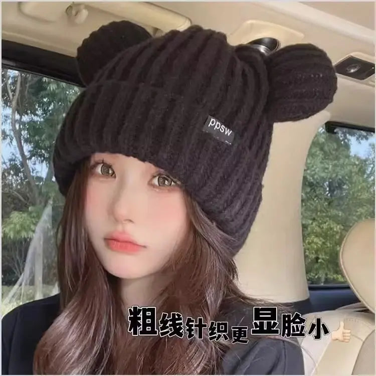 Bear ears for women, small face effect, winter hat [rare] black knit casual autumn