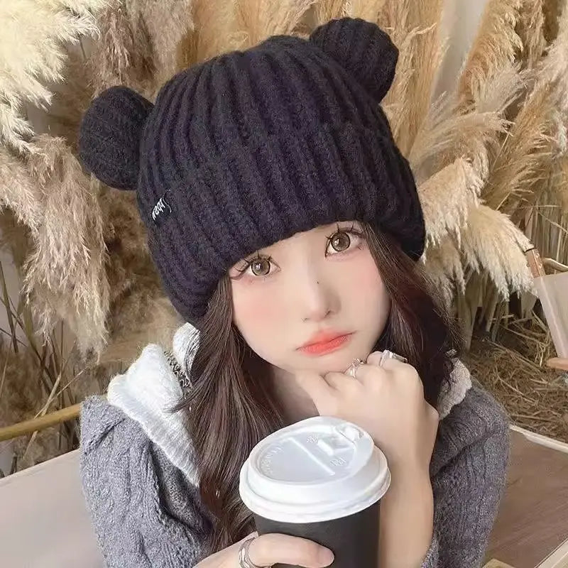 Bear ears for women, small face effect, winter hat [rare] black knit casual autumn