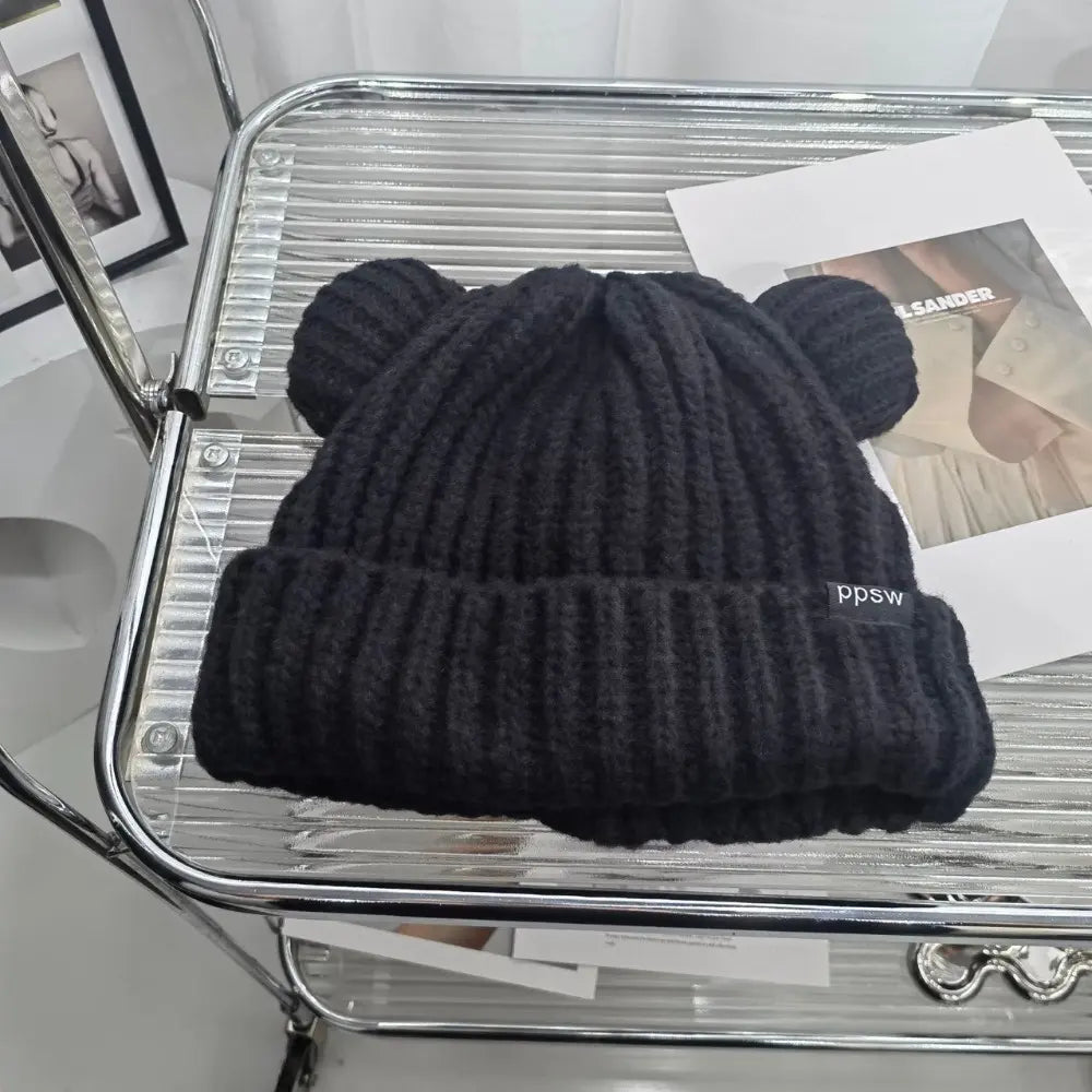 Orejas de oso para mujer, efecto de cara pequeña, gorro de invierno [raro] tejido negro casual otoño