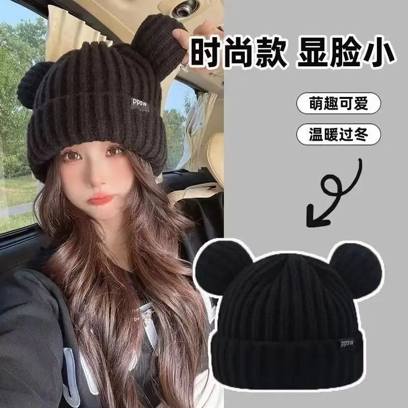 Bear ears for women, small face effect, winter hat [rare] black knit casual autumn