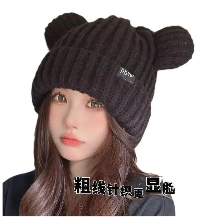 Orejas de oso para mujer, efecto de cara pequeña, gorro de invierno [raro] tejido negro casual otoño