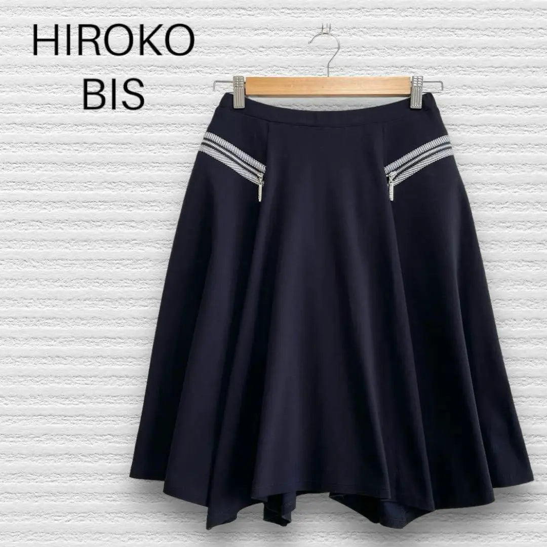 ☆Falda acampanada Hirokobis n.º 9 azul oscuro hasta la rodilla con cremallera en mezcla de algodón elegante B027