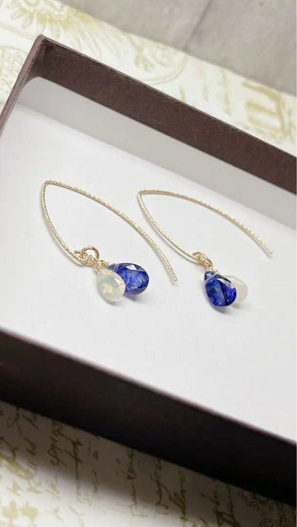 Blue Sapphire Precious Opal Earrings 14kgf Handmade