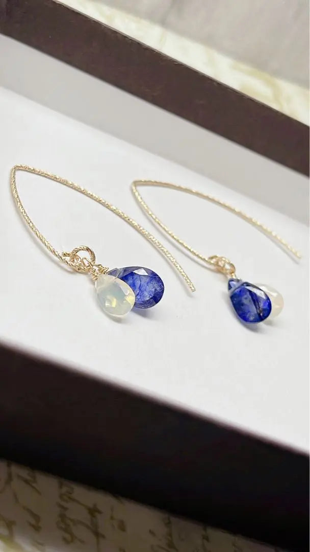 Blue Sapphire Precious Opal Earrings 14kgf Handmade