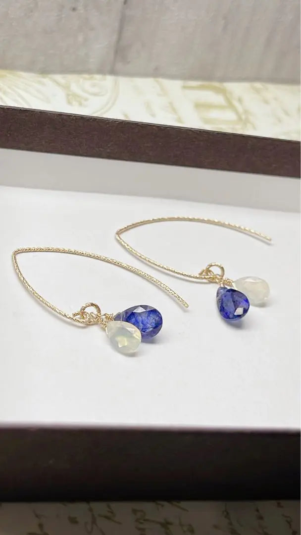 Blue Sapphire Precious Opal Earrings 14kgf Handmade