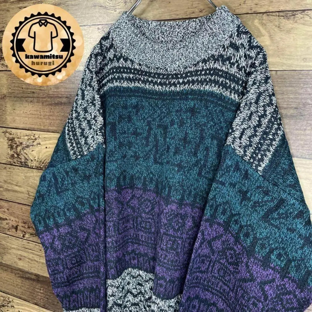 7259 Vintage Knit Sweater All-over Pattern Pattern Knit Men's Multicolor Retro XL