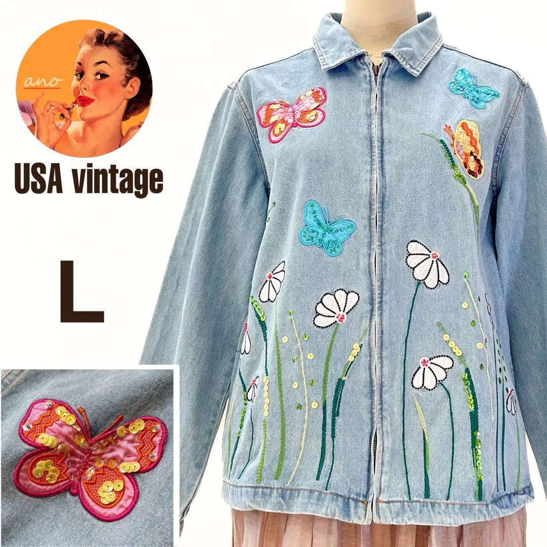 Denim jacket, embroidery, butterfly, light blue, decoration, long sleeves, spring, autumn