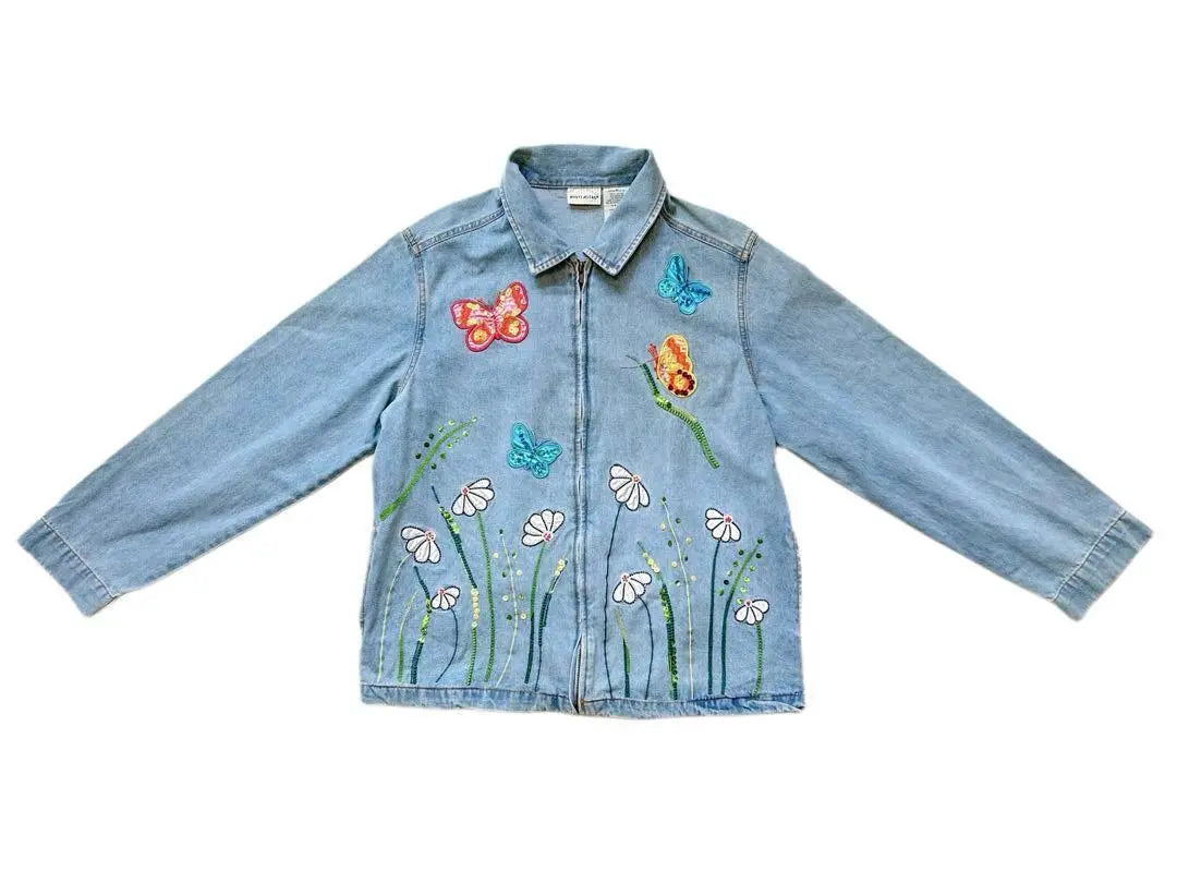 Chaqueta vaquera, bordado, mariposa, azul claro, decoración, manga larga, primavera, otoño