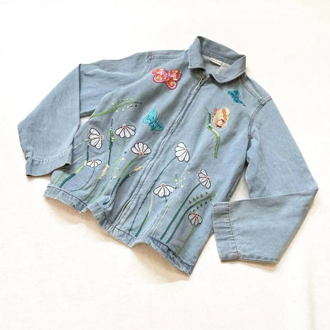 Chaqueta vaquera, bordado, mariposa, azul claro, decoración, manga larga, primavera, otoño