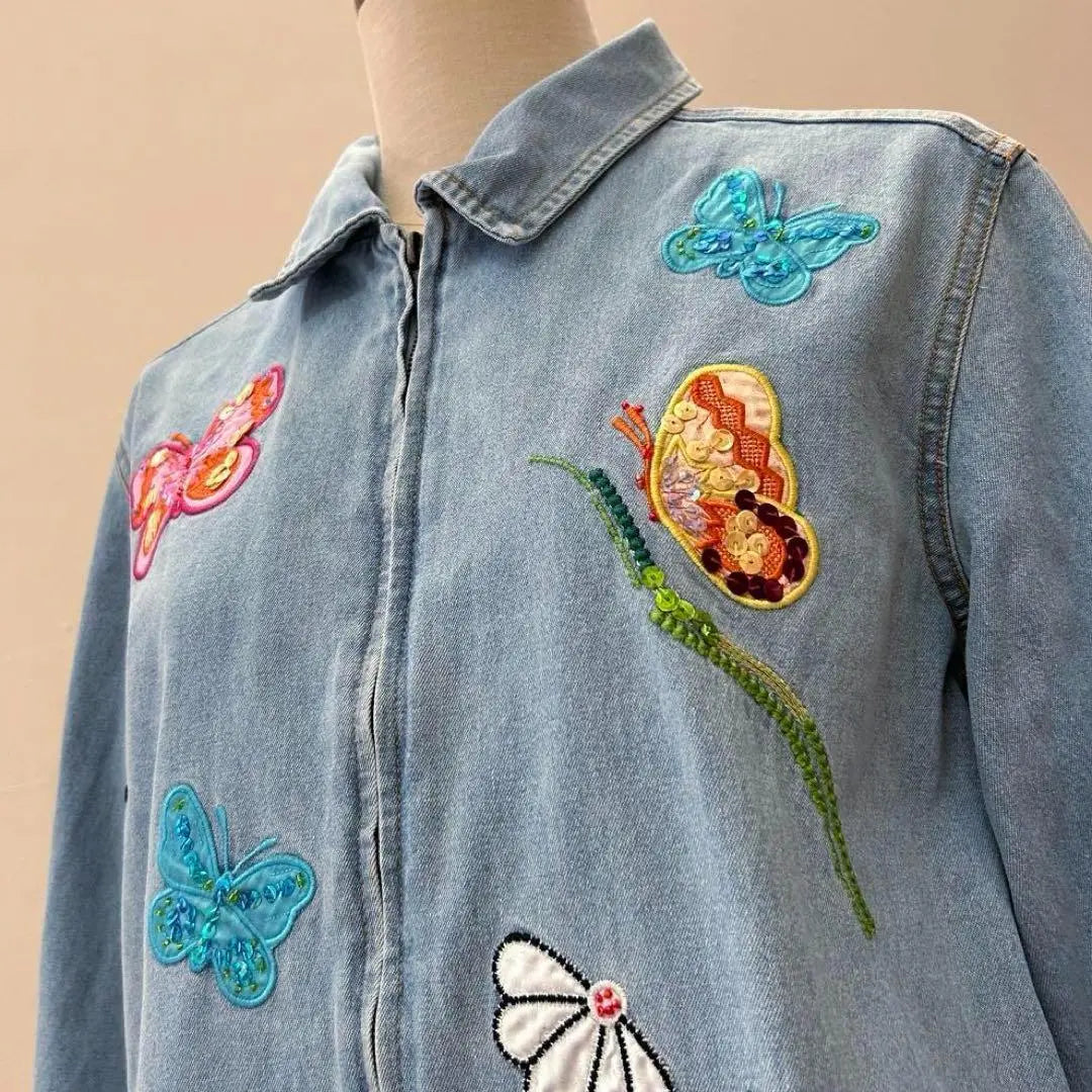 Chaqueta vaquera, bordado, mariposa, azul claro, decoración, manga larga, primavera, otoño