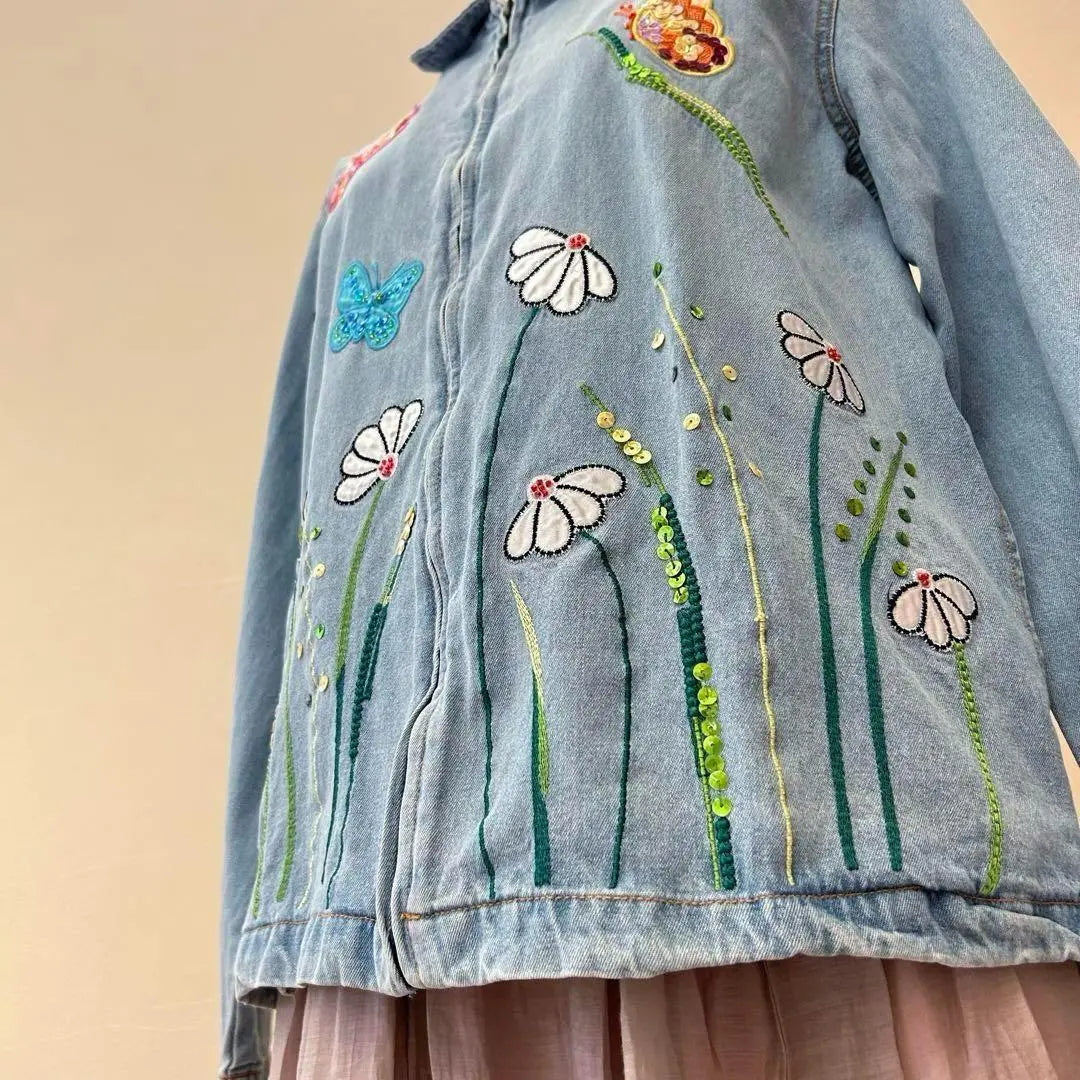 Denim jacket, embroidery, butterfly, light blue, decoration, long sleeves, spring, autumn