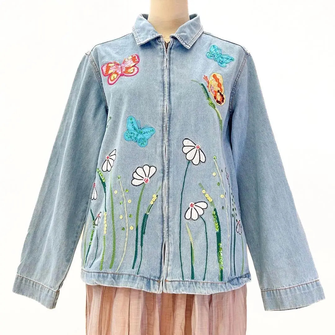 Chaqueta vaquera, bordado, mariposa, azul claro, decoración, manga larga, primavera, otoño