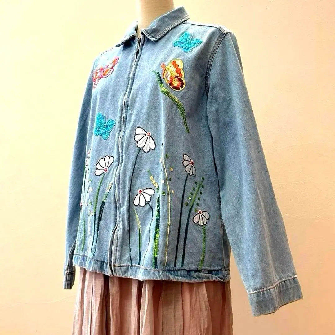 Chaqueta vaquera, bordado, mariposa, azul claro, decoración, manga larga, primavera, otoño