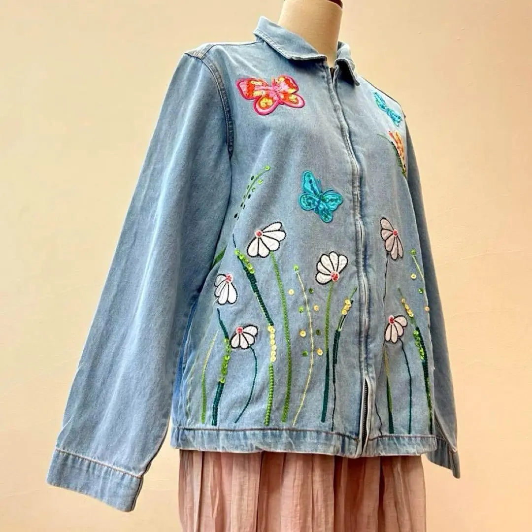 Denim jacket, embroidery, butterfly, light blue, decoration, long sleeves, spring, autumn