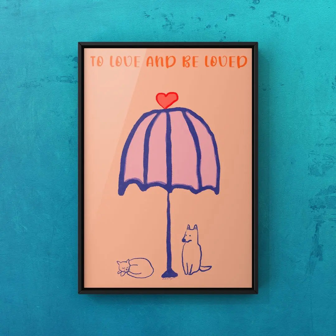 ★ With A4 frame ★ Original art poster umbrella dog and cat umbrella