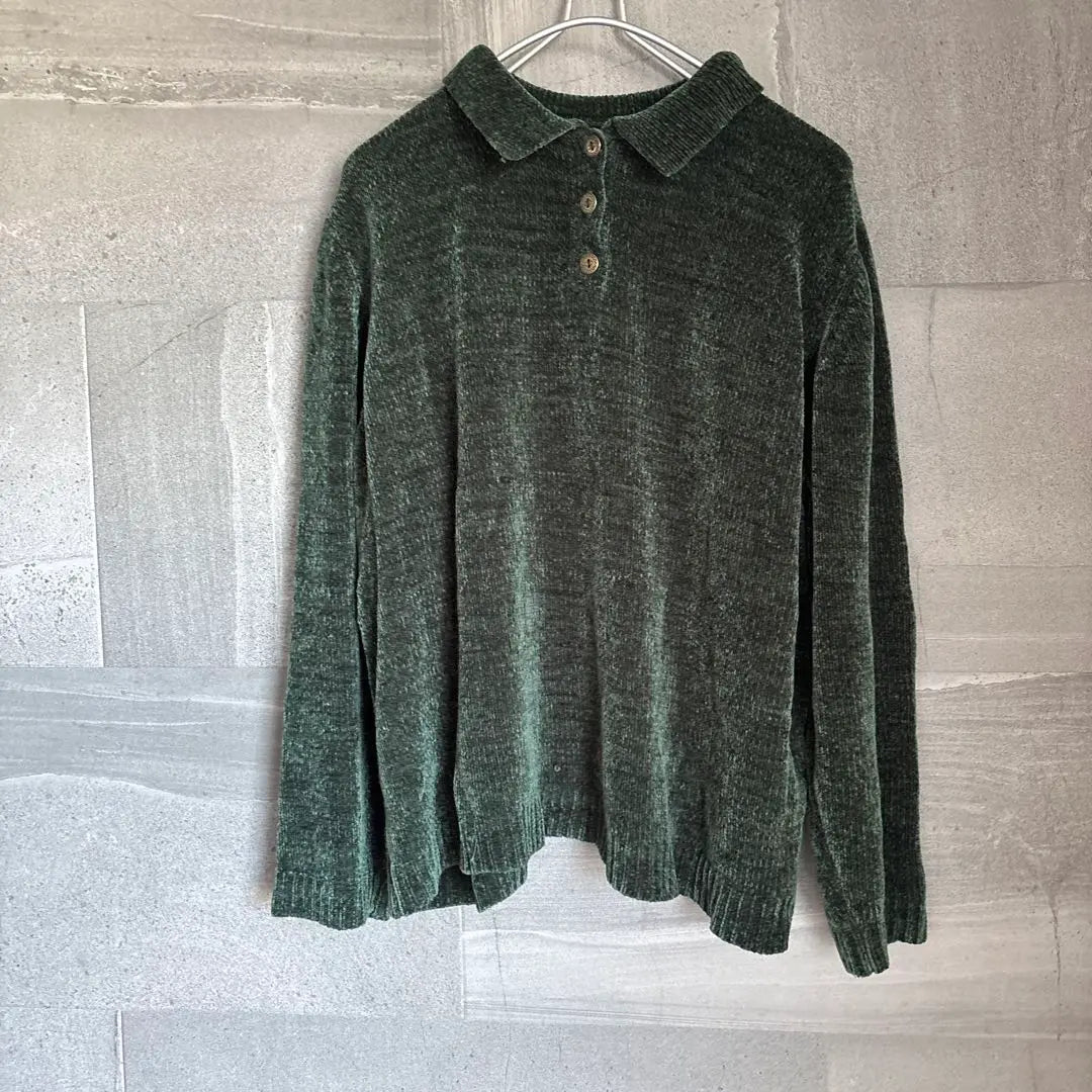 Vintage velour knit L size polo shirt long sleeve green