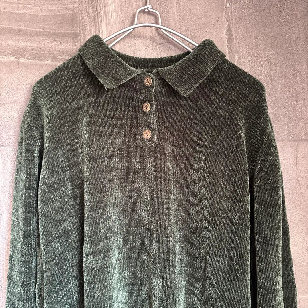 Vintage velour knit L size polo shirt long sleeve green