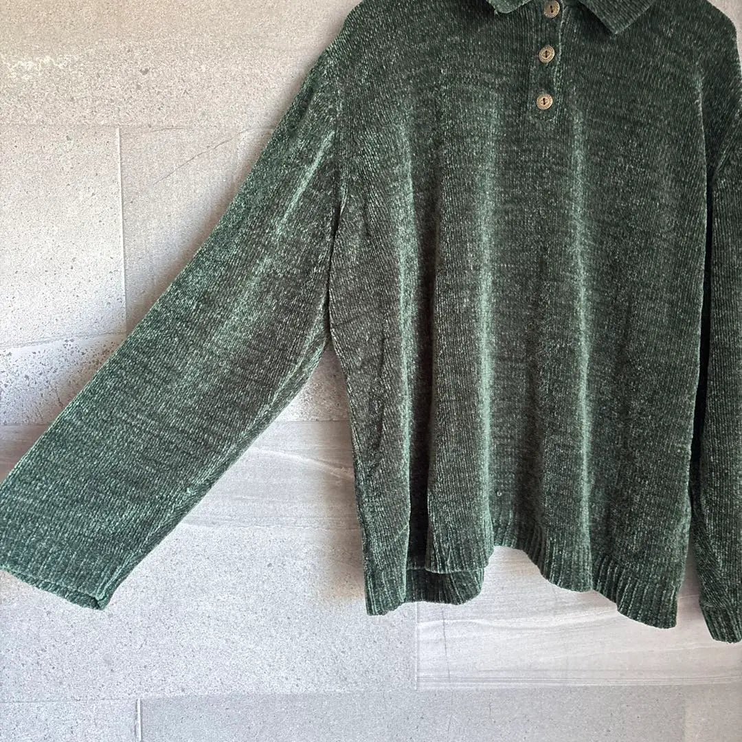 Vintage velour knit L size polo shirt long sleeve green