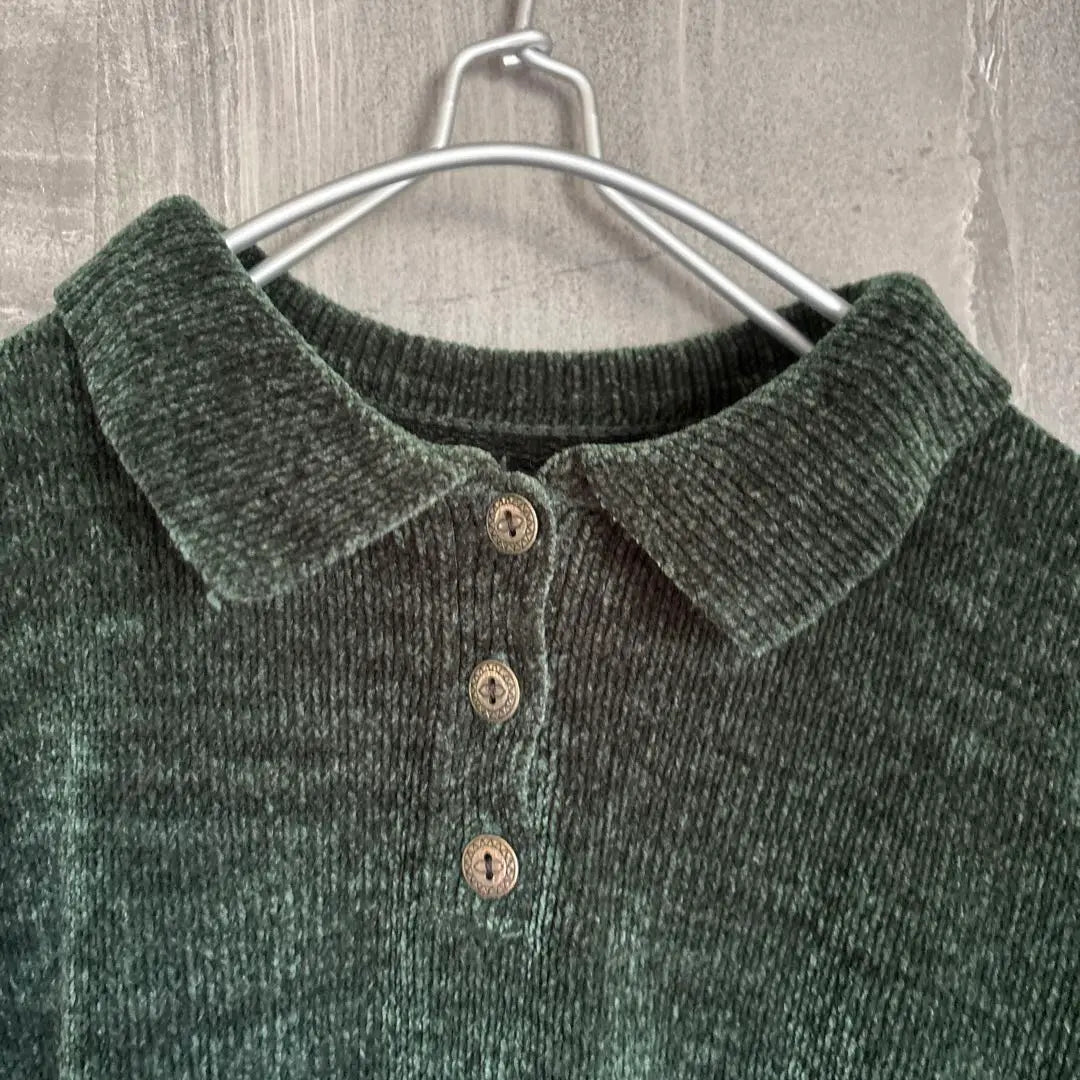 Vintage velour knit L size polo shirt long sleeve green