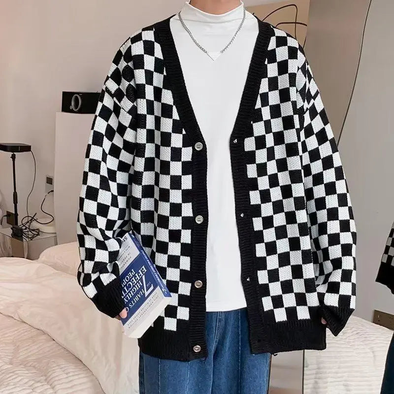 [Last 1 item] Men's Tops Dance Cardigan Black Knit Check Korea