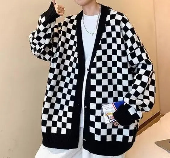 [Last 1 item] Men's Tops Dance Cardigan Black Knit Check Korea