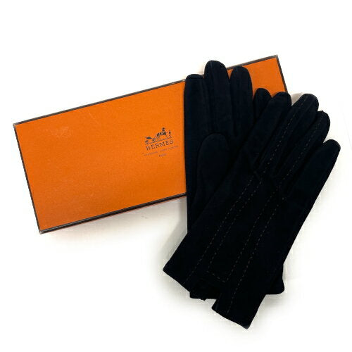 Hermes Gloves Suede Size 7 Fashion Goods Gloves Women's Black Beautiful Condition Used mah01522