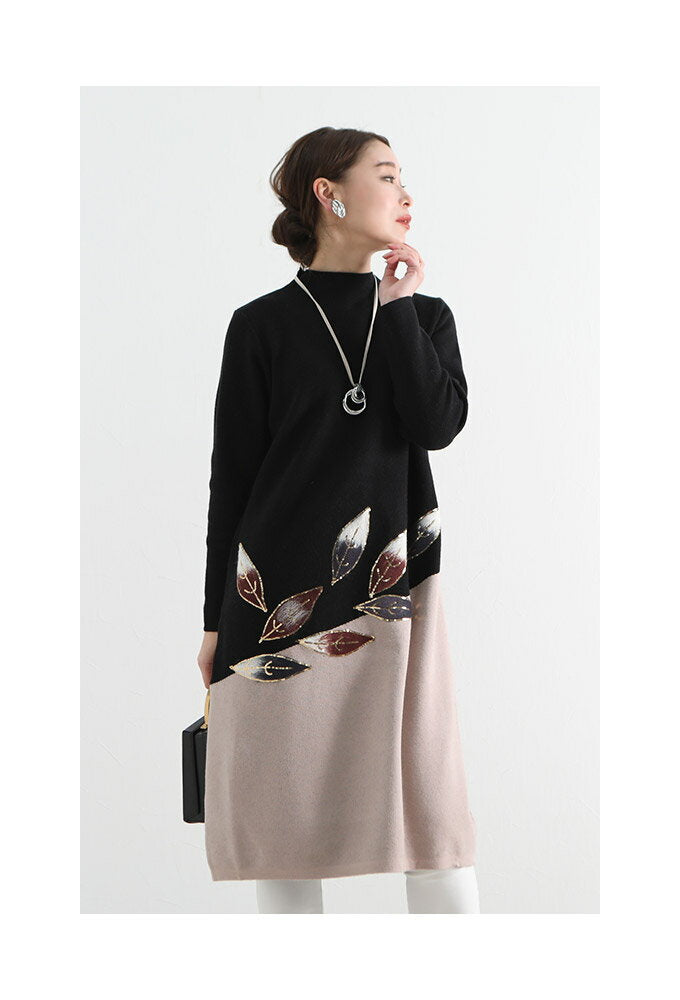 Cocoon knit dress with leaf pattern for women fashion dress black long sleeves knee length cocoon spring autumn winter knit leaf embroidery elegant 30s 40s 50s 60s sawaalam