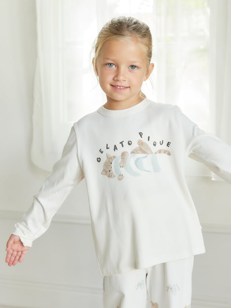 [SALE/30% OFF] [KIDS] Playful Cat One Point Long T-shirt gelato pique top cut and sew T-shirt white pink [RBA_E] [Rakuten Fashion]