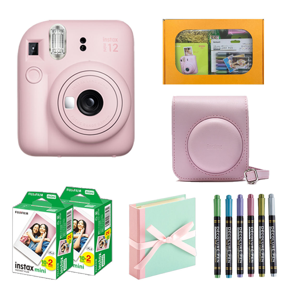 [Gift Cheki B] Fujifilm Cheki Instant Camera Instax Mini 12 [Blossom Pink] Gift Box Set with Camera Case