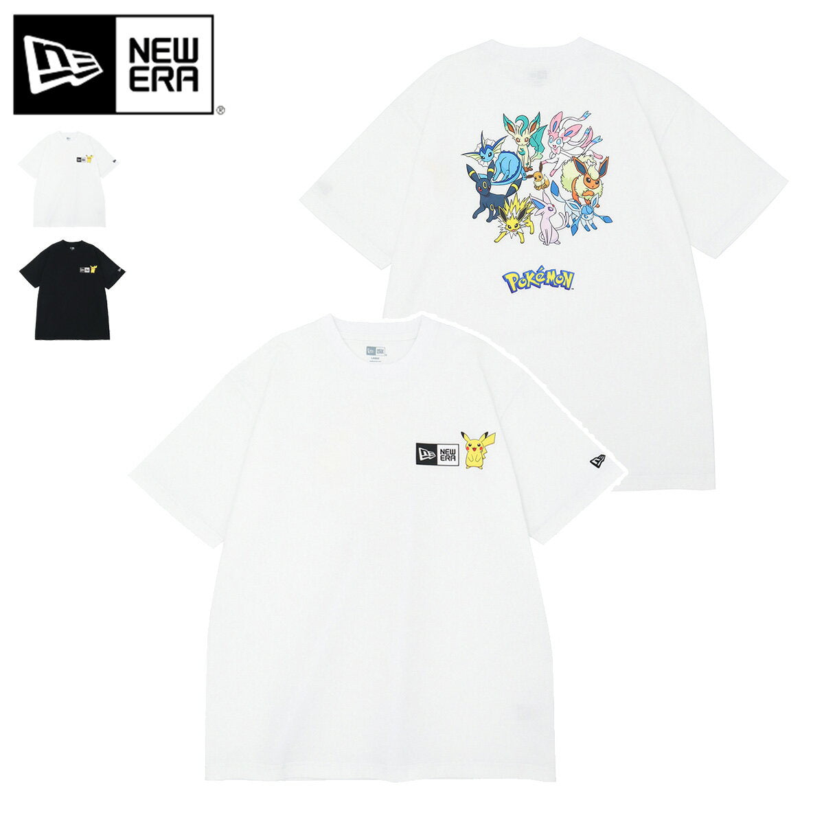 Camiseta de manga corta New Era Camiseta de cuello redondo de NEW ERA Colaboración con Pokemon Goods Algodón Negro Blanco Para hombre Para mujer Marca Elegante Genuino Popular Oversize Primavera Verano New Era Producto genuino �